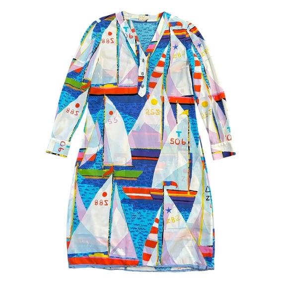 Rare Vintage 70's Ken Scott Hand Printed Sailboat Print MIdi Dress Retro White M - Picture 1 of 15